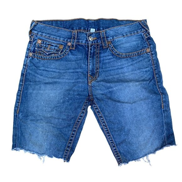 VINTAGE True Religion Jean Shorts Size 34 Orange Stitch SLIM Blue - Picture 6 of 7